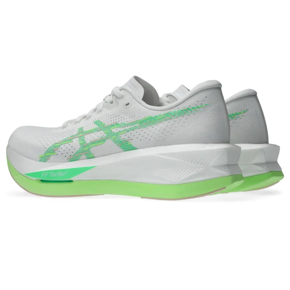 Tênis Asics Sonicblast branco e verde mostrando detalhes do design e tecnologia